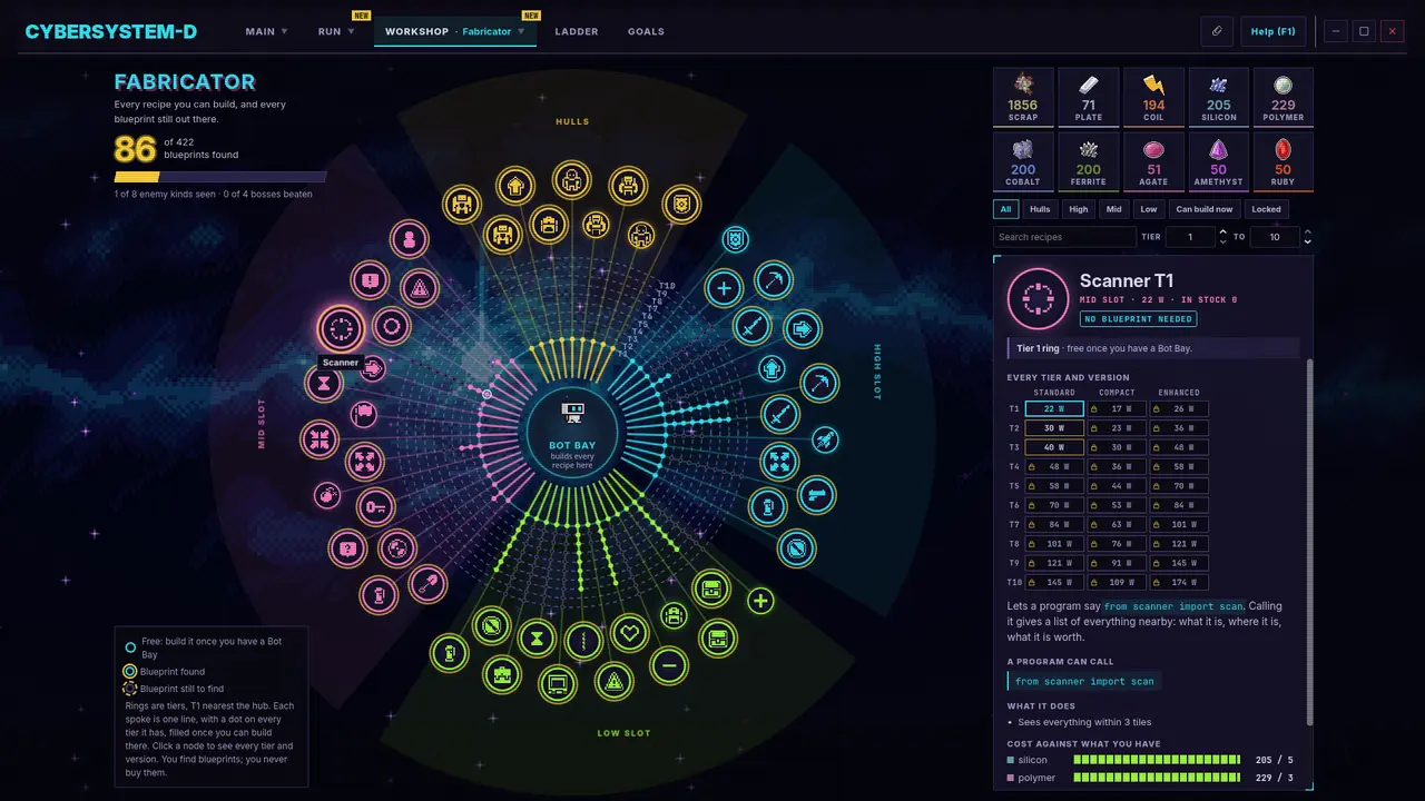The Fabricator's recipe wheel, with a Scanner picked.